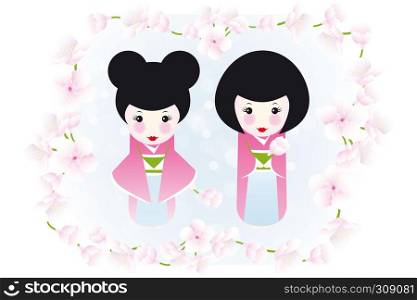 Kokeshi dolls and cherry blossoms - cute illustration of two wooden dolls framed by cherry blossoms