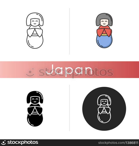 Kokeshi icon. Traditional japanese wooden doll. Cute geisha in kimono. Children toy in oriental style. Japanese mascot. Linear black and RGB color styles. Isolated vector illustrations. Kokeshi icon. Traditional japanese wooden doll