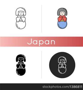 Kokeshi icon. Traditional japanese wooden doll. Cute geisha in kimono. Children toy in oriental style. Japanese mascot. Linear black and RGB color styles. Isolated vector illustrations. Kokeshi icon. Traditional japanese wooden doll