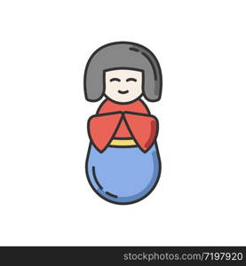 Kokeshi RGB color icon. Traditional japanese wooden doll. Cute geisha in kimono. Children toy in oriental style. Kawaii chinese mascot. Souvenir from Asia. Isolated vector illustration