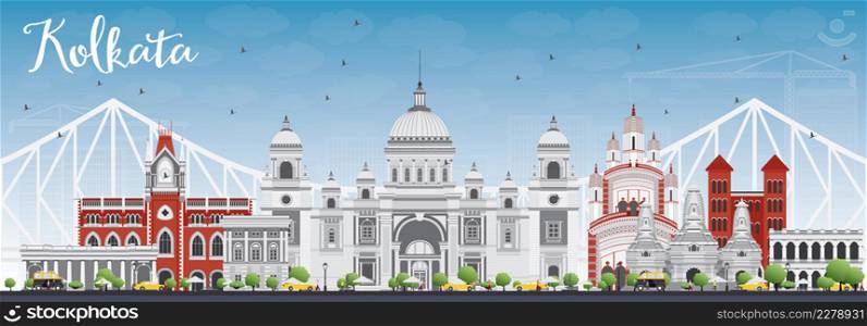 Kolkata Skyline with Gray Landmarks and Blue Sky. Vector Illustration. Business Travel and Tourism Concept with Historic Buildings. Image for Presentation Banner Placard and Web Site.