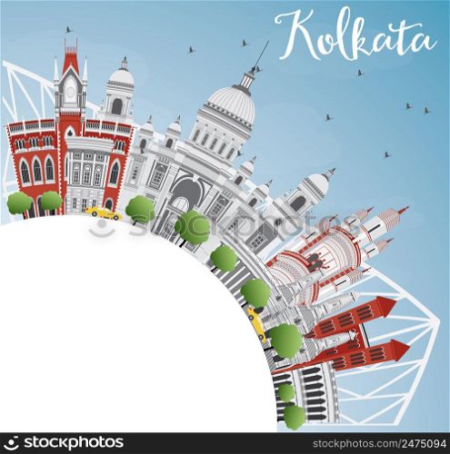 Kolkata Skyline with Gray Landmarks and Copy Space. Vector Illustration. Business Travel and Tourism Concept with Historic Buildings. Image for Presentation Banner Placard and Web Site.