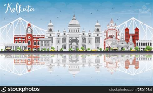 Kolkata Skyline with Gray Landmarks, Blue Sky and Reflections. Vector Illustration. Business Travel and Tourism Concept with Historic Buildings. Image for Presentation Banner Placard and Web Site.