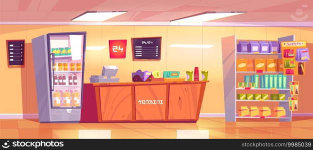 Konbini, convenience store interior with wooden checkout counter, shelves with food and refrigerator with drinks. Vector cartoon illustration of open 24 hours shop, empty japanese supermarket inside. Konbini, japanese convenience store interior