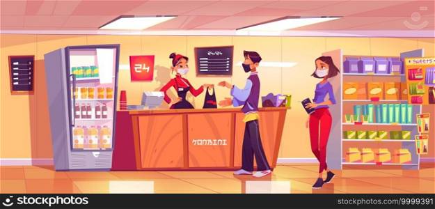 Konbini, convenience store with woman seller at counter and people in queue. Vector cartoon interior of open 24 hours shop, japanese supermarket with cashier and customers in protective face masks. Konbini, convenience store, seller and customers