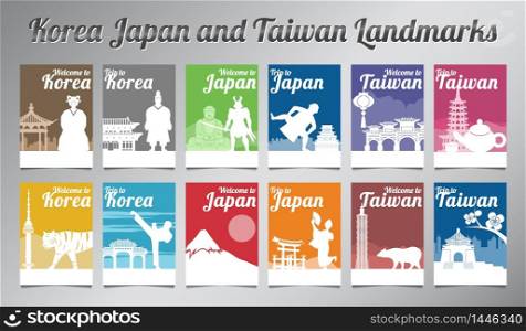Korea Japan and Taiwan famous landmark and symbol in silhouette design with multi color style brochure set,vector illustration