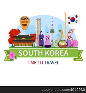 Korea Travel Composition Flat Poster . South korea national cultural symbols sightseeing places of interest for tourists flat composition advertisement poster vector illustration