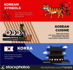 Korea travel destination promotional posters with national symbols and cuisine. Traditional architecture, authentic food and symbolic animal, tiger, cartoon vector illustrations on commercials.. Korea travel destination promotional posters with national symbols and cuisine