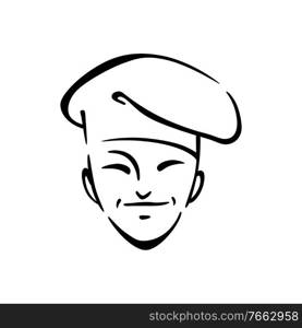 Korean chef cook contour vector illustration. Traditional asian cuisine logo design idea. Young chef in hat outline character on white background. Restaurant worker. Cafe logo design idea. Korean chef cook contour vector illustration