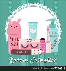 Korean cosmetics skin care beauty banner. Vector illustration with cosmetic accessories. Beautiful poster with creams, mascara, lip gloss. Skincare and Makeup. Beauty products fashion collection. Korean cosmetics skin care and beauty banner. Vector illustration with cosmetic accessories