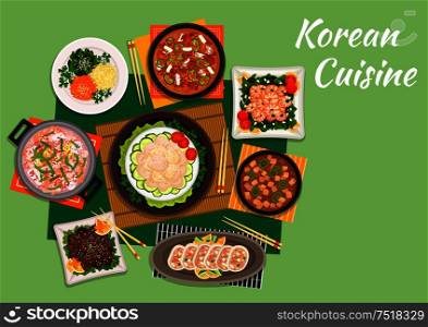 Korean cuisine beef bulgogi served with marinated vegetable salad and spicy kimchi soup, scallop salad, fried shrimps with spinach, seafood soup, stuffed squids and tofu soup with pork. Dinner of national korean cuisine