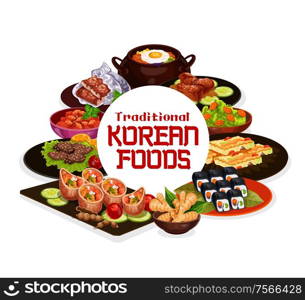 Korean cuisine food, traditional asian restaurant menu dishes. Vector pork ribs in soy sauce and korean bibimpab pot, BBQ beef bulgogi, fried shrimp with spinach, seaweed salad and desserts. Traditional Korean food, cuisine dishes