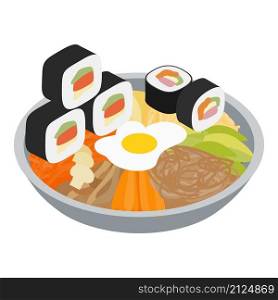Korean cuisine icon isometric vector. Fresh bibimbap and kimbap icon. Traditional korean dish, authentic asian cuisine. Korean cuisine icon isometric vector. Fresh bibimbap and kimbap icon