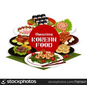 Korean cuisine restaurant menu cover, traditional food dishes cooking recipes. Vector kimbap rolls, seafood salad and bibimpab bowl pot, fried shrimp with spinach, chopsticks and namse chon. Traditional Korean restaurant menu, Asian cuisine