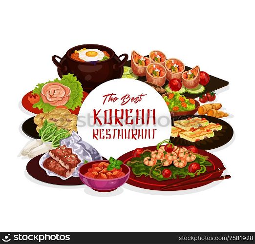 Korean cuisine restaurant menu, traditional food dishes. Vector bibimpab bowl pot, shrimps in spinach and flounder with daikon and pickled fish, yakwa sweet cookies and kimbap rolls. Traditional Korean restaurant menu, Asian cuisine