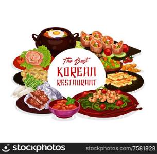 Korean cuisine restaurant menu, traditional food dishes. Vector bibimpab bowl pot, shrimps in spinach and flounder with daikon and pickled fish, yakwa sweet cookies and kimbap rolls. Traditional Korean restaurant menu, Asian cuisine