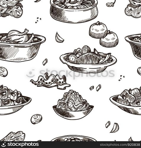 Korean cuisine traditional dishes sketch seamless pattern. Vector set of samgyetang chicken with sannakji and kimchi cabbage, spicy ramen noodles soup or bulgogi and kimpab with pastry for Korea restaurant. Korean cuisine traditional dishes sketch seamless pattern.