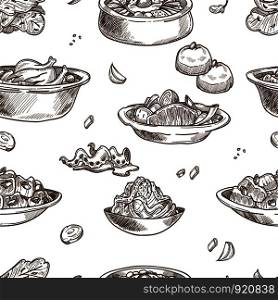 Korean cuisine traditional dishes sketch seamless pattern. Vector set of samgyetang chicken with sannakji and kimchi cabbage, spicy ramen noodles soup or bulgogi and kimpab with pastry for Korea restaurant. Korean cuisine traditional dishes sketch seamless pattern.