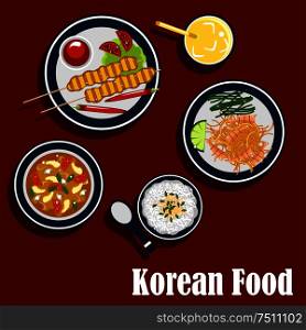 Korean cuisine with rice, seafood soup with shrimp and vegetables, marinated shrimp on spicy carrot salad with lemon and seaweed, bulgogi skewers with chilli pepper, tomatoes, sauce and fresh juice. Korean cuisine food and beverages