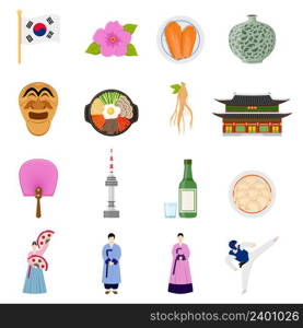 Korean cultural symbols flat icons collection with traditional cuisine clothing sports games and landmarks isolated vector illustration . Korean Culture Symbols Flat Icons Collection