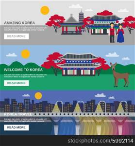 Korean Culture 3 Flat banners Set. Korean cultural traditions symbols and landmarks information for tourists 3 flat horizontal interactive banners isolated vector illustration