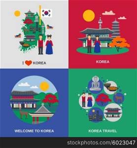 Korean Culture Flat 4 Icons Square . Korean culture for travelers 4 flat icons square with traditional food and sightseeing abstract isolated vector illustration
