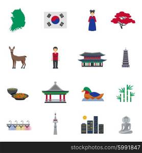 Korean Culture Symbols Flat Icons Set. Korean traditional food clothing landmarks and national cultural symbols flat icons collection abstract isolated vector illustration
