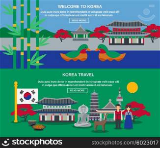 Korean Culture Travel Horizontal Banners Set. Welcome to korea two flat banners for webpage with mandarin ducks national symbol and landmarks abstract vector illustratio