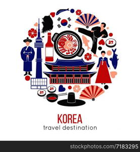 Korean customs and landmarks in one circle. Traditional clothing, authentic buildings, seafood, national flag, country borders and famous kind of sport round vector illustration on white background.. Korean customs and landmarks in one circle.