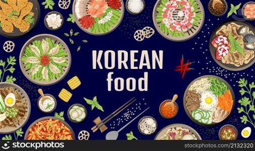 Korean dinner background. Closeup traditional asian meal, top view barbecue food. Buffet korea dish, oriental cuisine swanky vector poster. Illustration of traditional food dinner, dish meal. Korean dinner background. Closeup traditional asian meal, top view barbecue food. Buffet korea dish, oriental cuisine swanky vector poster