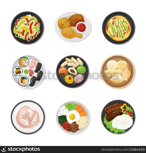 Korean dishes top view. Chinese traditional food, soup and dumpling. Asian meal with rice and vegetables, fried chicken and seafood. Dinner vector neoteric set of chinese or korean food. Korean dishes top view. Chinese traditional food, soup and dumpling. Asian meal with rice and vegetables, fried chicken and seafood. Dinner vector neoteric set