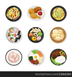 Korean dishes top view. Chinese traditional food, soup and dumpling. Asian meal with rice and vegetables, fried chicken and seafood. Dinner vector neoteric set of chinese or korean food. Korean dishes top view. Chinese traditional food, soup and dumpling. Asian meal with rice and vegetables, fried chicken and seafood. Dinner vector neoteric set