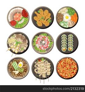 Korean dishes top view. Seaweed dumpling, food fish. Breakfast lunch meals, vegetarian asian soup and sauces. Oriental traditional buffet swanky vector set. Illustration of korean meal for dinner. Korean dishes top view. Seaweed dumpling, food fish. Breakfast lunch meals, vegetarian asian soup and sauces. Oriental traditional buffet swanky vector set