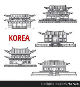 Korean five grand palaces of Joseon Dynasty thin line icons for travel or asian architecture theme design with Changdeok, Changgyeong, Deoksugung, Gyeongbokgung and Gyeonghuigung Palaces . Five grand palaces of South Korea thin line symbol
