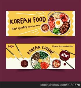 Korean food banner design with chopsticks, Bibimbap, bowl watercolor illustration