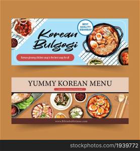 Korean food banner design with ramen, Ttoekbokki, side dishes watercolor illustration