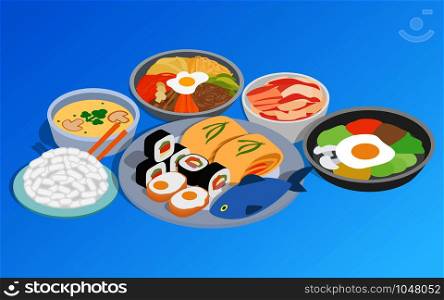 Korean food clip art. Isometric clip art of korean food concept vector icons for web isolated on white background. Korean food clip art, isometric style