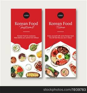 Korean food flyer design with bibimbap watercolor illustration.