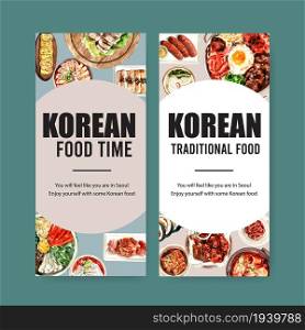 Korean food flyer design with dumpling, spicy chicken watercolor illustration.