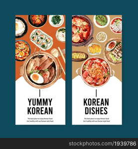 Korean food flyer design with kimbap, grilled pork watercolor illustration.