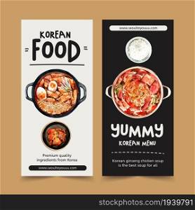 Korean food flyer design with soup, spicy chicken watercolor illustration.