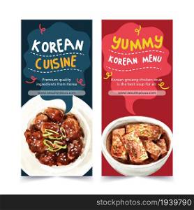 Korean food flyer design with spicy chicken, ddukbokki watercolor illustration.
