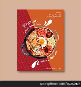 Korean food poster design with pot, egg, meat, ramen watercolor illustration