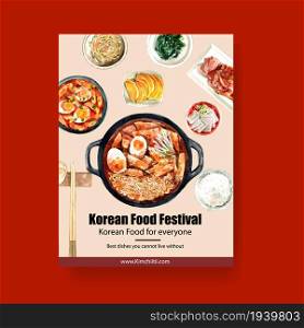 Korean food poster design with rice, pot, noodles watercolor illustration