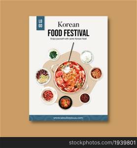 Korean food poster design with spoon, soup, pot, rice watercolor illustration