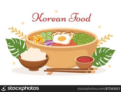 Korean Food Set Menu of Various Traditional or National Delicious Cuisine Dish in Flat Cartoon Hand Drawn Templates Illustration