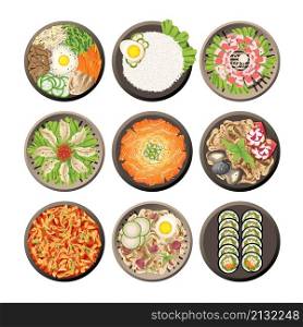 Korean food top view. Pork barbecue, asian restaurant meal. Brunch or lunch, kimchi bowl. Chinese, japanese cuisine, oriental marine kitchen vector icons. Illustration of korean restaurant cuisine. Korean food top view. Pork barbecue, asian restaurant meal. Brunch or lunch, kimchi bowl. Chinese, japanese cuisine, oriental marine kitchen swanky vector icons