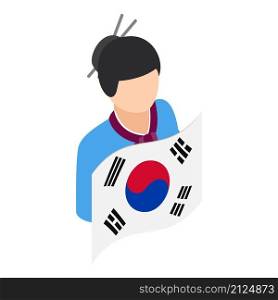 Korean girl icon isometric vector. Woman in national costume with country flag. Korean traditional clothing, hanbok. Korean girl icon isometric vector. Woman in national costume with country flag