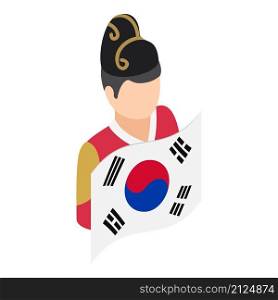 Korean guy icon isometric vector. Man in national costume with country flag. Korean traditional clothing, culture, folklore. Korean guy icon isometric vector. Man in national costume with country flag