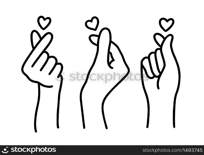 Korean heart sign. Finger love symbol. Happy Valentines Day. I love you hand gesture. Vector illustration isolated on white background. Hand drawn design for print greeting cards, banner, poster. Korean heart sign. Finger love symbol. Happy Valentines Day. I love you hand gesture. Vector illustration